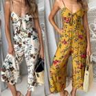 Spaghetti Strap Floral Print Tie-front Cropped Jumpsuit