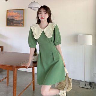 Puff-sleeve Double Collared A-line Dress