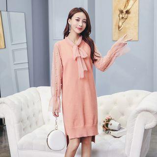 Set: Bow Accent Long-sleeve Mesh Top + V-neck Sleeveless Knit Dress