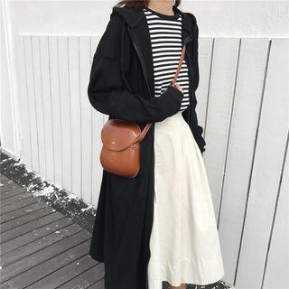 Hooded Long Jacket / Striped Long-sleeve T-shirt / Crop Wide Leg Pants