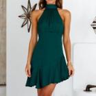 Sleeveless Halter-neck Plain Mini A-line Dress