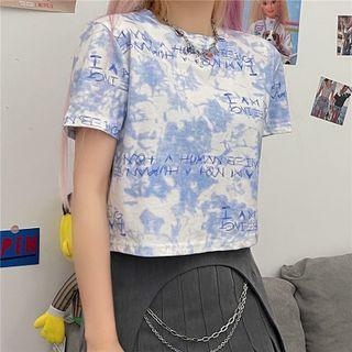 Short-sleeve Lettering Print Tie-dye T-shirt Blue & White - One Size