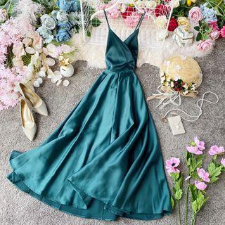Spaghetti Strap Satin Midi A-line Dress