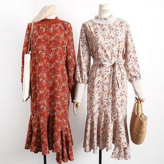 Floral Ruffle Hem Long-sleeve Midi Dress