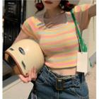 Short-sleeve Striped Knit Crop Top Light Yellow - One Size
