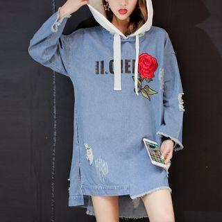 Long-sleeve Hooded Distressed Denim Dress