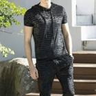 Set: Short-sleeve Striped Hooded Top + Sweatpants