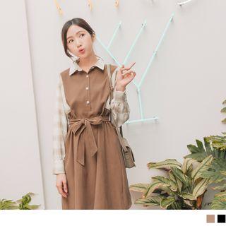 Plaid Panel Tie-waist Mock Two Piece Dress