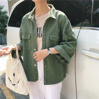 Plain Loose-fit 3/4-sleeve Denim Jacket