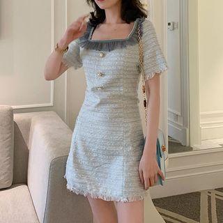 Faux Pearl Square Neck Sheer Frayed Dress