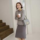 Set: Striped Knit Top + Drawstring-waist Midi Skirt