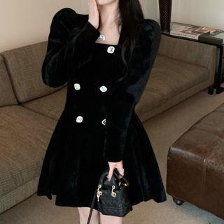 Long-sleeve Square-neck Velvet Mini A-line Dress Black - One Size