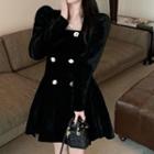 Long-sleeve Square-neck Velvet Mini A-line Dress Black - One Size