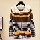 Striped Zip-up Cardigan Brown - One Size