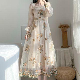 Floral Embroidered Mesh Long-sleeve Midi A-line Dress
