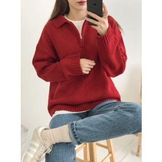 Collared Zip-detail Knit Top