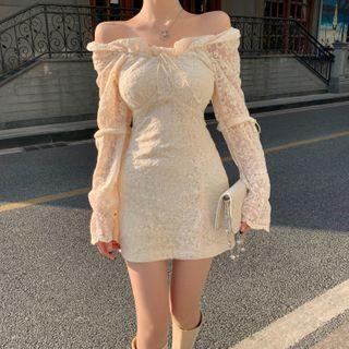 Long-sleeve Off-shoulder Lace Mini Dress