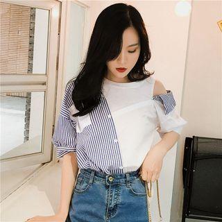 Asymmetric Striped Panel One Shoulder Shirt