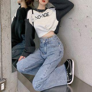 Patchwork Cropped Sweatshirt / Wide-leg Jeans / Set