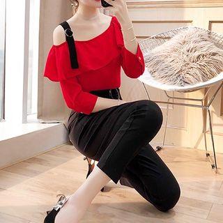 Set: Asymmetric Cold Shoulder Long-sleeve Top + Pants