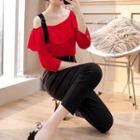 Set: Asymmetric Cold Shoulder Long-sleeve Top + Pants