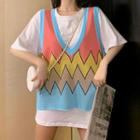 Short-sleeve Oversize Tee / Color-block Knit Vest