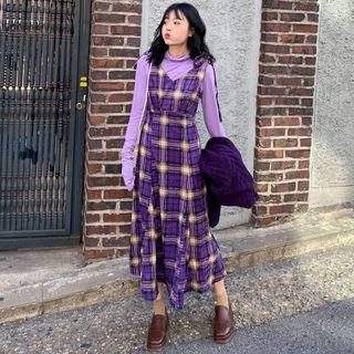 Plain Long-sleeve Top / Tie-shoulder Plaid Midi Pinafore Dress