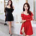 Spaghetti-strap Gathered-waist Off-shoulder V-neck Frill Plain Lace Sheath Dress