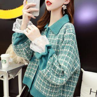 Collared Lace Panel Plaid Cardigan