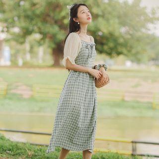 3/4-sleeve Puff-sleeve Plaid Dress