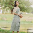 3/4-sleeve Puff-sleeve Plaid Dress