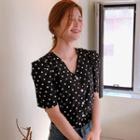 V-neck Puff-shoulder Polka-dot Blouse