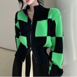 Checkerboard Zip Cardigan Green & Black - One Size