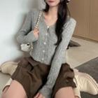 Long-sleeve V-neck Button-up Slim-fit Knit Top