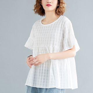 Elbow-sleeve Checker Top White - One Size