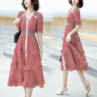 Short Sleeve V-neck Plaid Ruffled A-line Dress