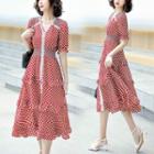Short Sleeve V-neck Plaid Ruffled A-line Dress