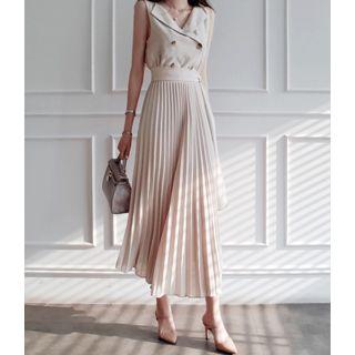 Sleeveless Pleated-hem Long Dress With Sash