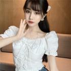 Puff-sleeve Ruffle Trim Lace-up Cropped Blouse