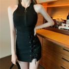 Half-zip Knit Tank Top / High-waist Lace-up Mini Pencil Skirt