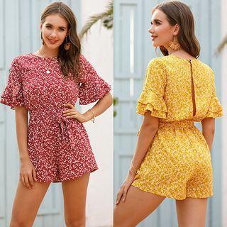 Short-sleeve Floral Print Wide-leg Romper
