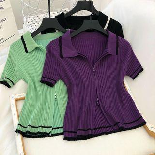 Collar Double-headed Zipper Short-sleeve Knit Top