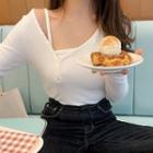 Long-sleeve V-neck T-shirt / Asymmetrical Camisole Top