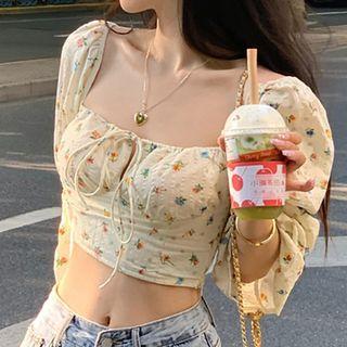 Puff-sleeve Cropped Floral Blouse