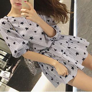 Elbow-sleeve Star Print A-line Dress