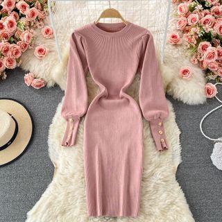 Puff Sleeve Sheath Knit Dress