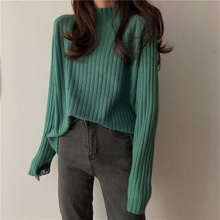 Semi High-neck Plain Long-sleeve Sweater