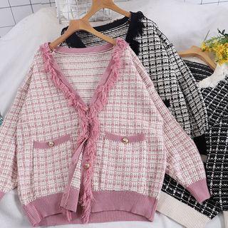 Plaid Fringed Long-sleeve Cardigan