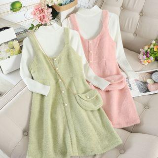 Set: Mock-turtleneck Ribbed Knit Top + A-line Pinafore Dress