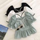 Color-block Trim Square-neck Puff-sleeve Blouse